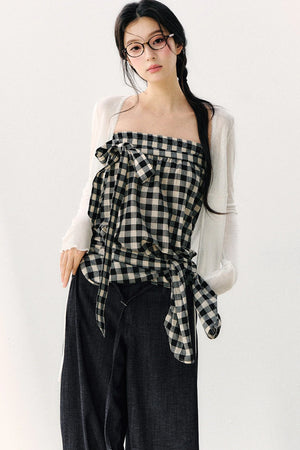 Washed Plaid Tube Top With Bow