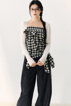 Washed Plaid Tube Top With Bow