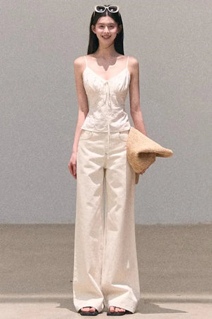 Washed Wide-Leg Lace Pants