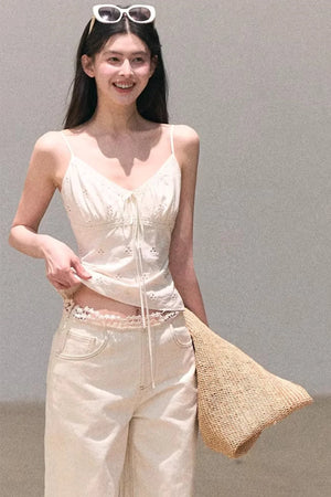 Washed Wide-Leg Lace Pants