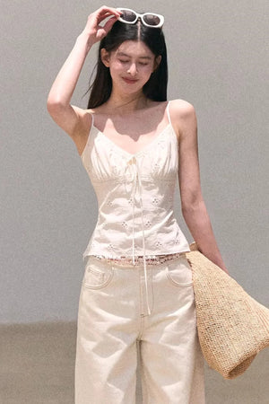 Washed Wide-Leg Lace Pants