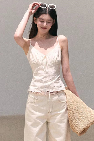 Washed Wide-Leg Lace Pants