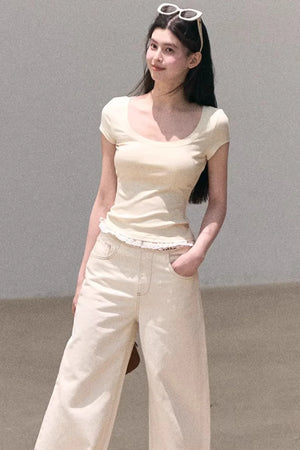 Washed Wide-Leg Lace Pants