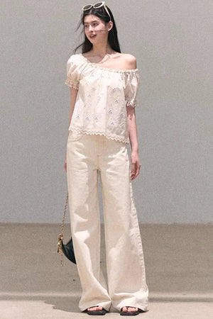 Washed Wide-Leg Lace Pants
