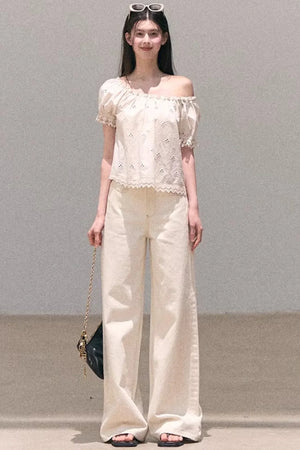 Washed Wide-Leg Lace Pants