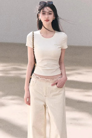 Washed Wide-Leg Lace Pants
