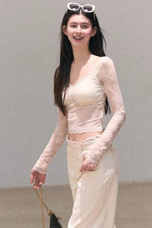 Washed Wide-Leg Lace Pants