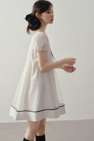 White A-Line Puff Sleeve Contrast Piping Dress