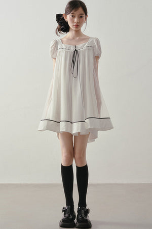 White A-Line Puff Sleeve Contrast Piping Dress