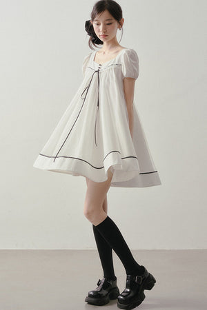 White A-Line Puff Sleeve Contrast Piping Dress