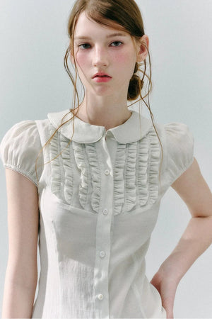 White Acetate Linen Ruffle Blouse