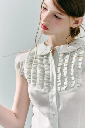 White Acetate Linen Ruffle Blouse