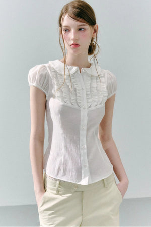 White Acetate Linen Ruffle Blouse