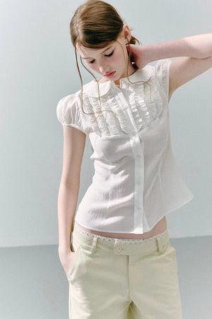 White Acetate Linen Ruffle Blouse