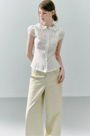 White Acetate Linen Ruffle Blouse