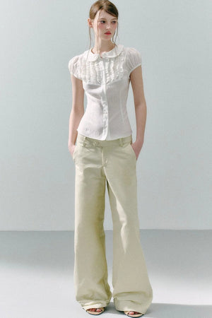 White Acetate Linen Ruffle Blouse