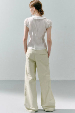 White Acetate Linen Ruffle Blouse