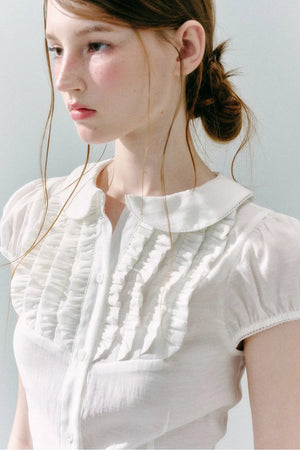 White Acetate Linen Ruffle Blouse