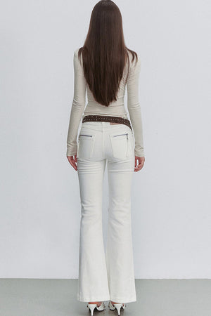 White Bamboo Texture Flared Denim Pants