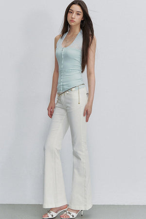 White Bamboo Texture Flared Denim Pants