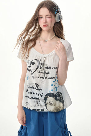 White Cat Print Drawstring Short Sleeve T-Shirt