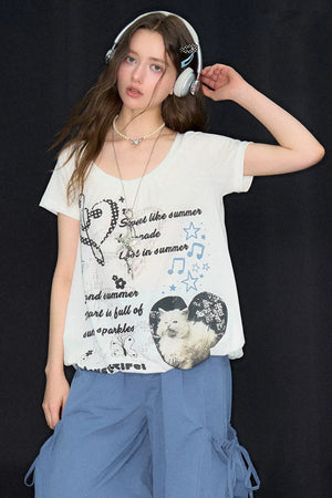 White Cat Print Drawstring Short Sleeve T-Shirt