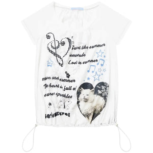 White Cat Print Drawstring Short Sleeve T-Shirt
