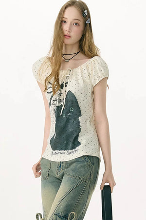 White Cat Print Off-Shoulder T-Shirt