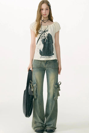 White Cat Print Off-Shoulder T-Shirt