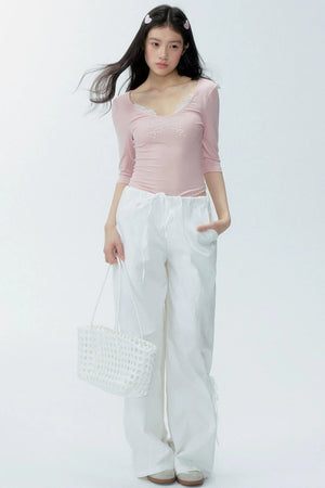 White Drawstring Wide-Leg Pants
