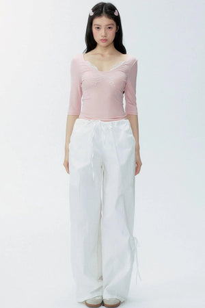 White Drawstring Wide-Leg Pants
