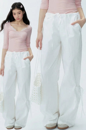 White Drawstring Wide-Leg Pants