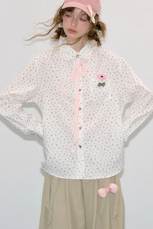 White Floral Lace-Up Doll Collar Blouse