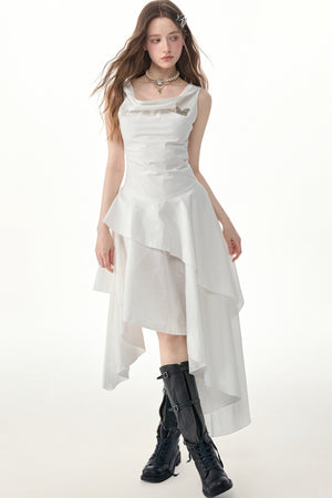 White Irregular Hem Cowl Neck Dress