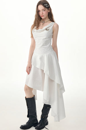 White Irregular Hem Cowl Neck Dress