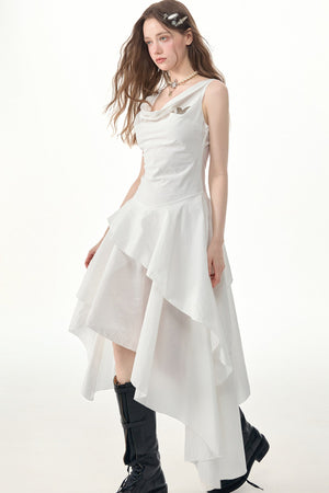 White Irregular Hem Cowl Neck Dress