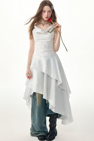 White Irregular Hem Cowl Neck Dress