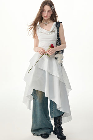 White Irregular Hem Cowl Neck Dress