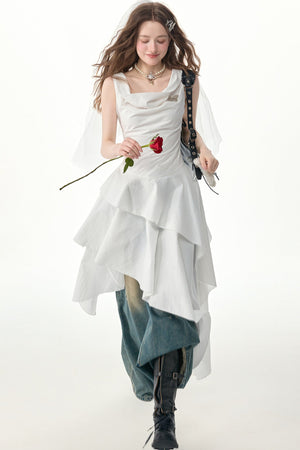 White Irregular Hem Cowl Neck Dress