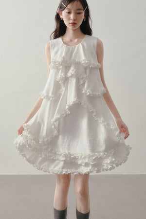 White Irregular Ruffle Dress
