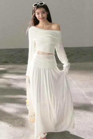 White Lace Cutout Draped Top Set-Up