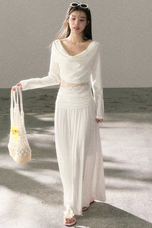 White Lace Cutout Draped Top Set-Up