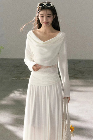 White Lace Cutout Draped Top Set-Up