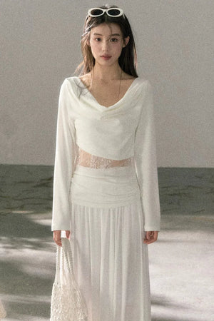 White Lace Cutout Draped Top Set-Up