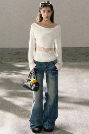 White Lace Cutout Draped Top Set-Up