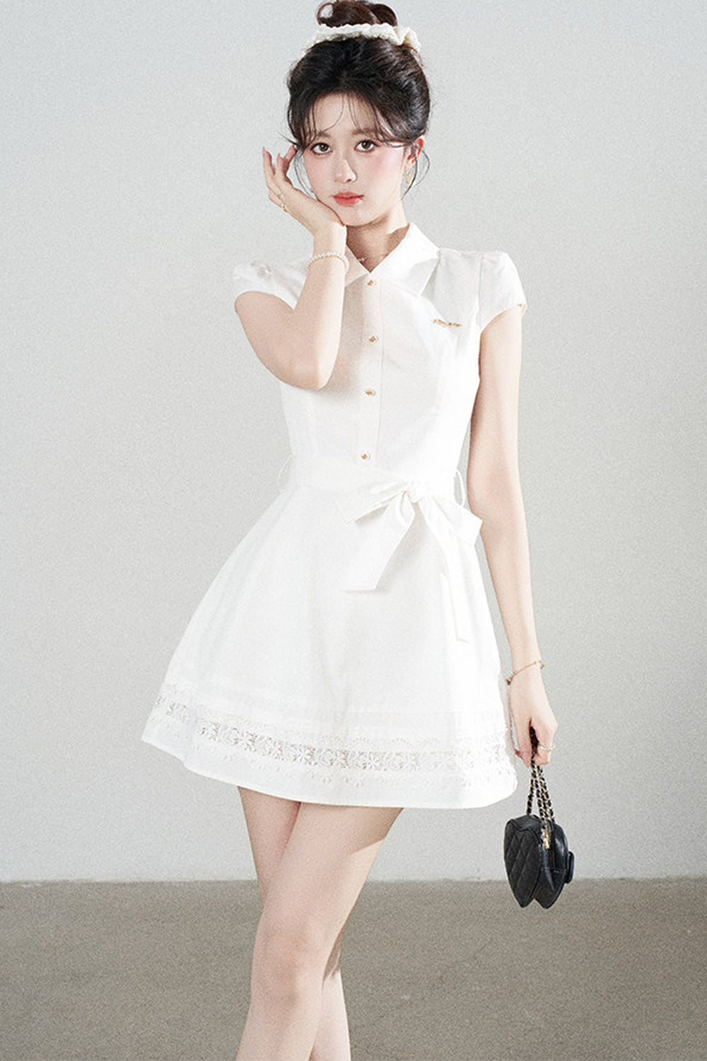 White Lace-Up Waist Puff Dress