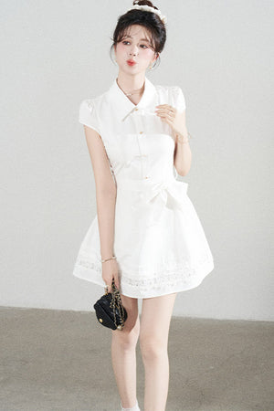 White Lace-Up Waist Puff Dress