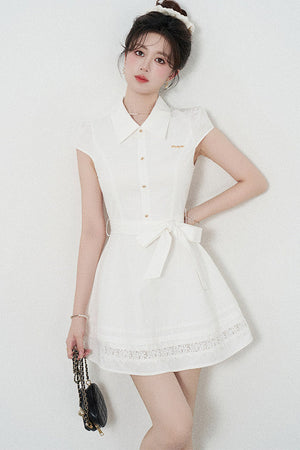 White Lace-Up Waist Puff Dress