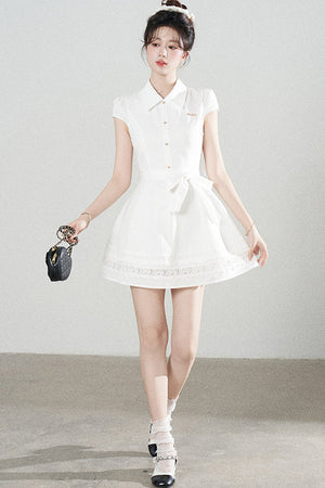 White Lace-Up Waist Puff Dress
