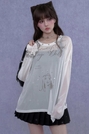 White Mesh Sun Protection Blouse Set-Up